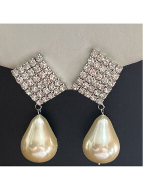 Women's Scaasi Silver Rhinestone Cream Pearl Drop Clip-On Earrings One Size